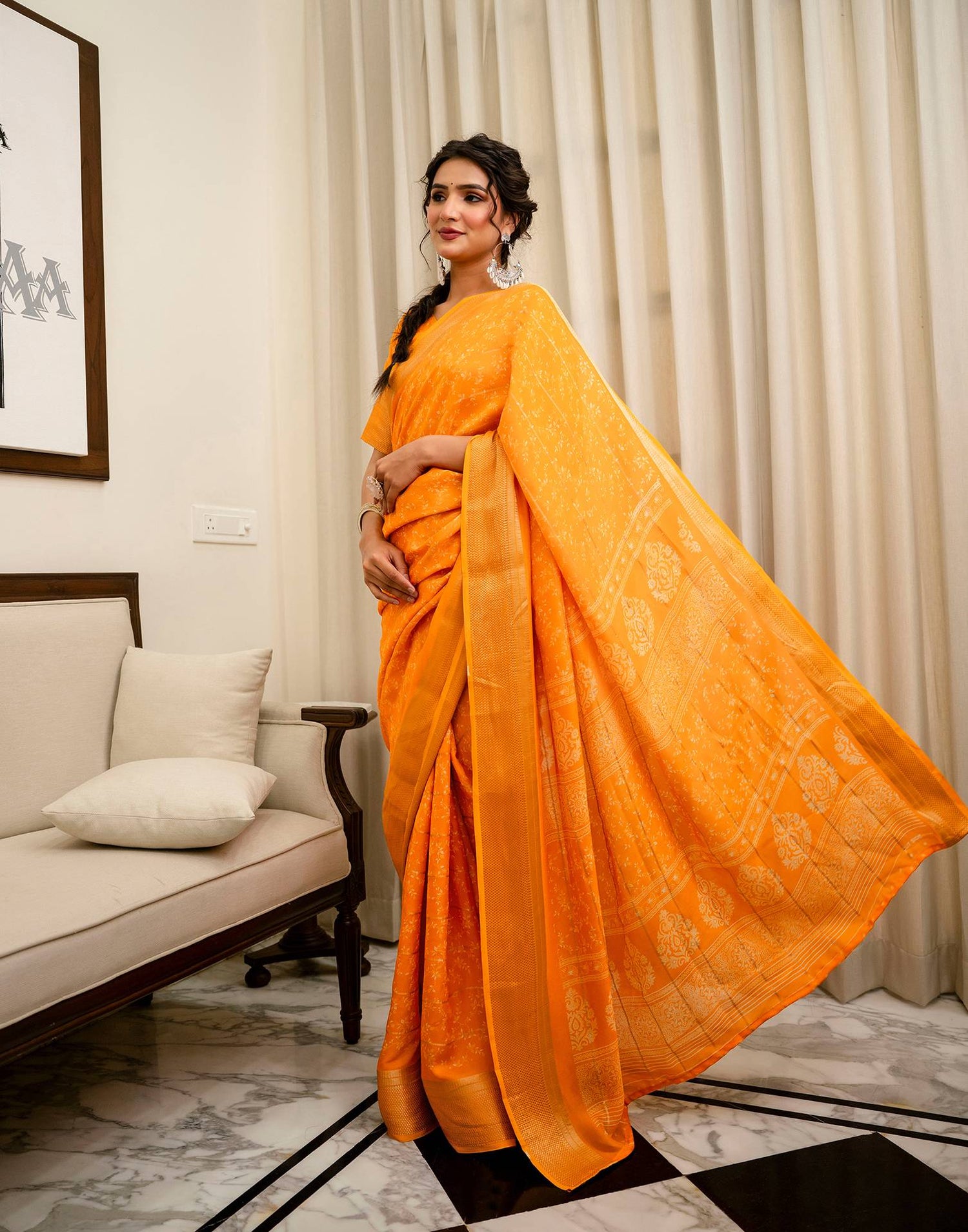 Orange Georgette Printed Zari Stripe Saree 
