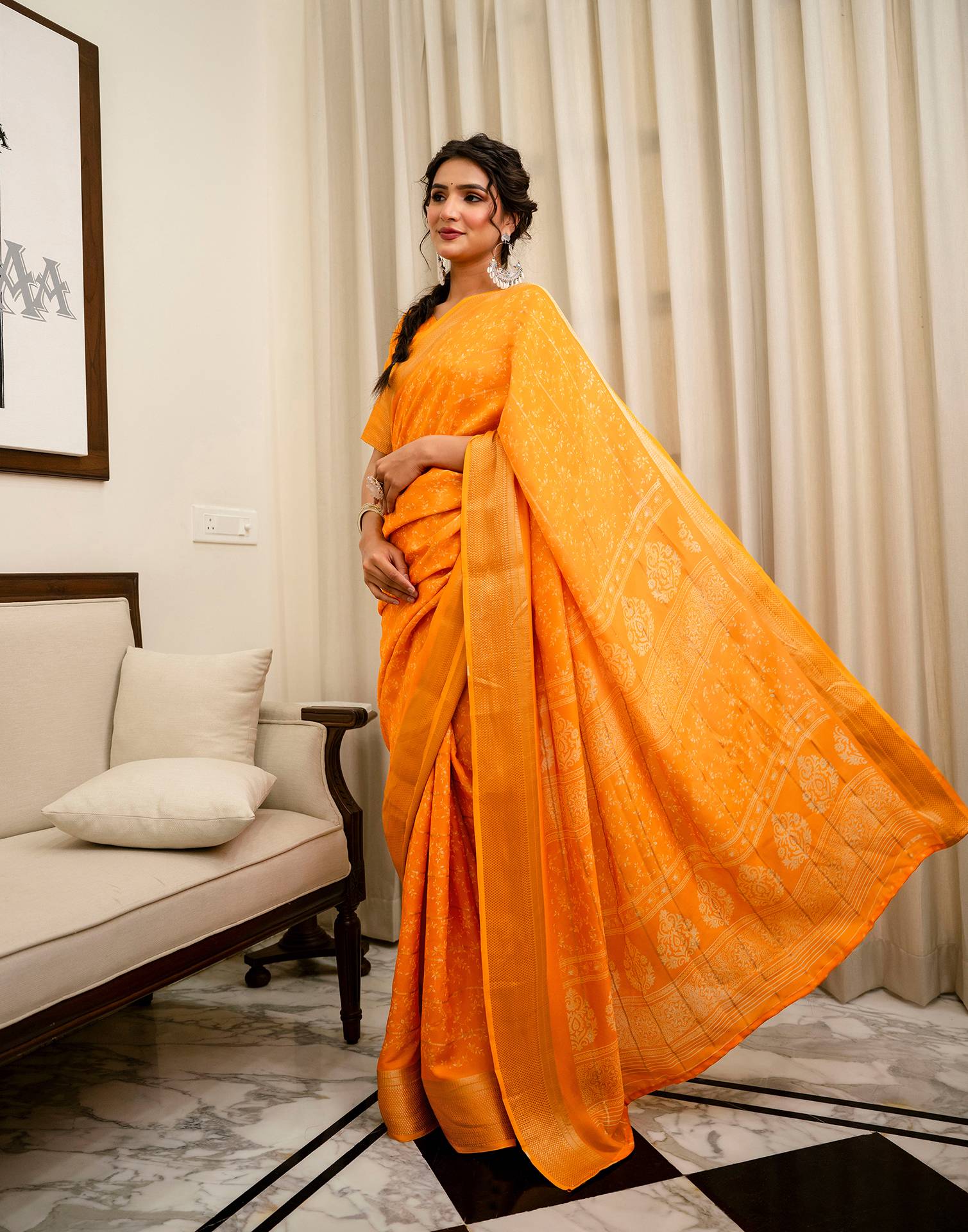 Orange Georgette Printed Zari Stripe Saree 