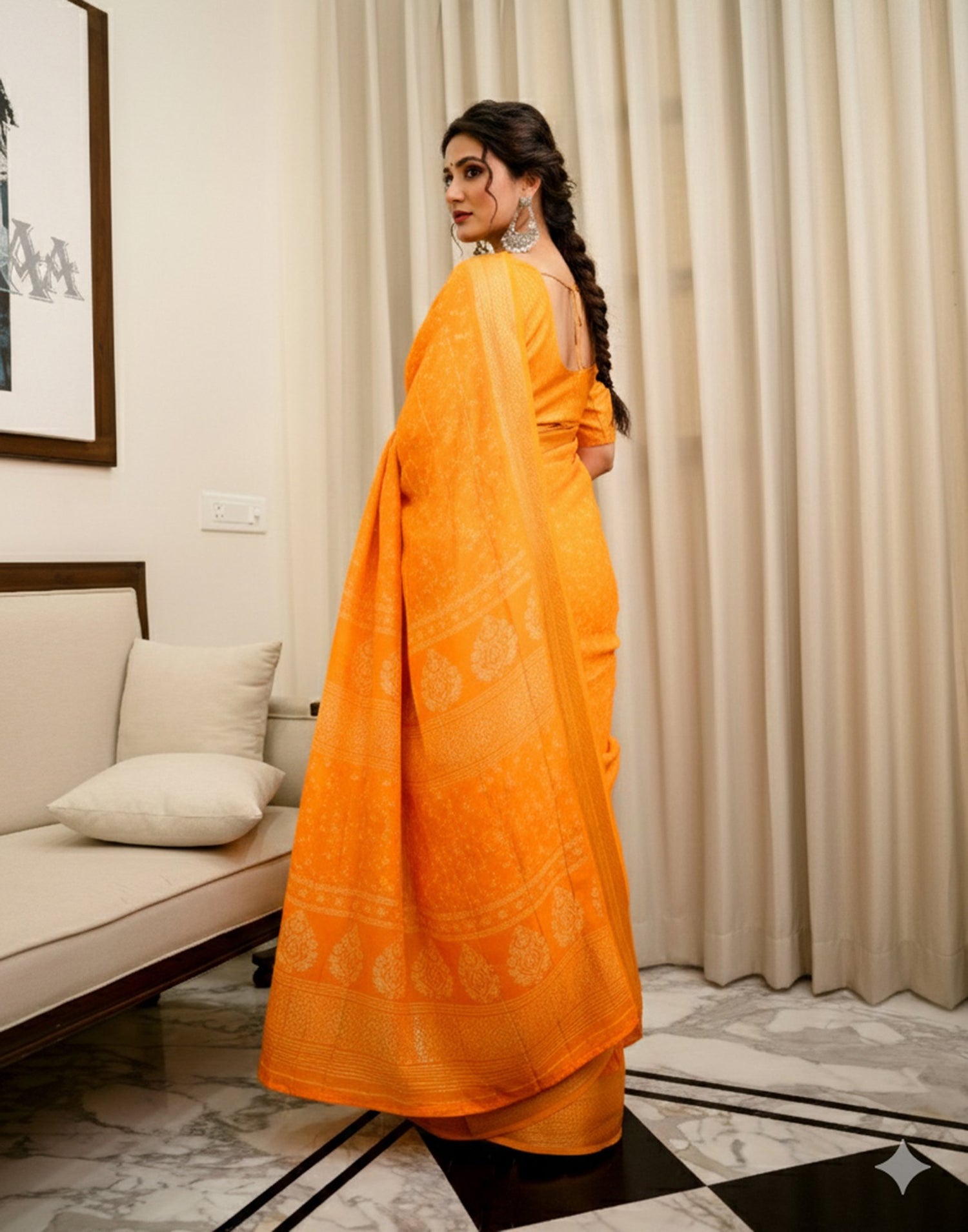Orange Georgette Printed Zari Stripe Saree 