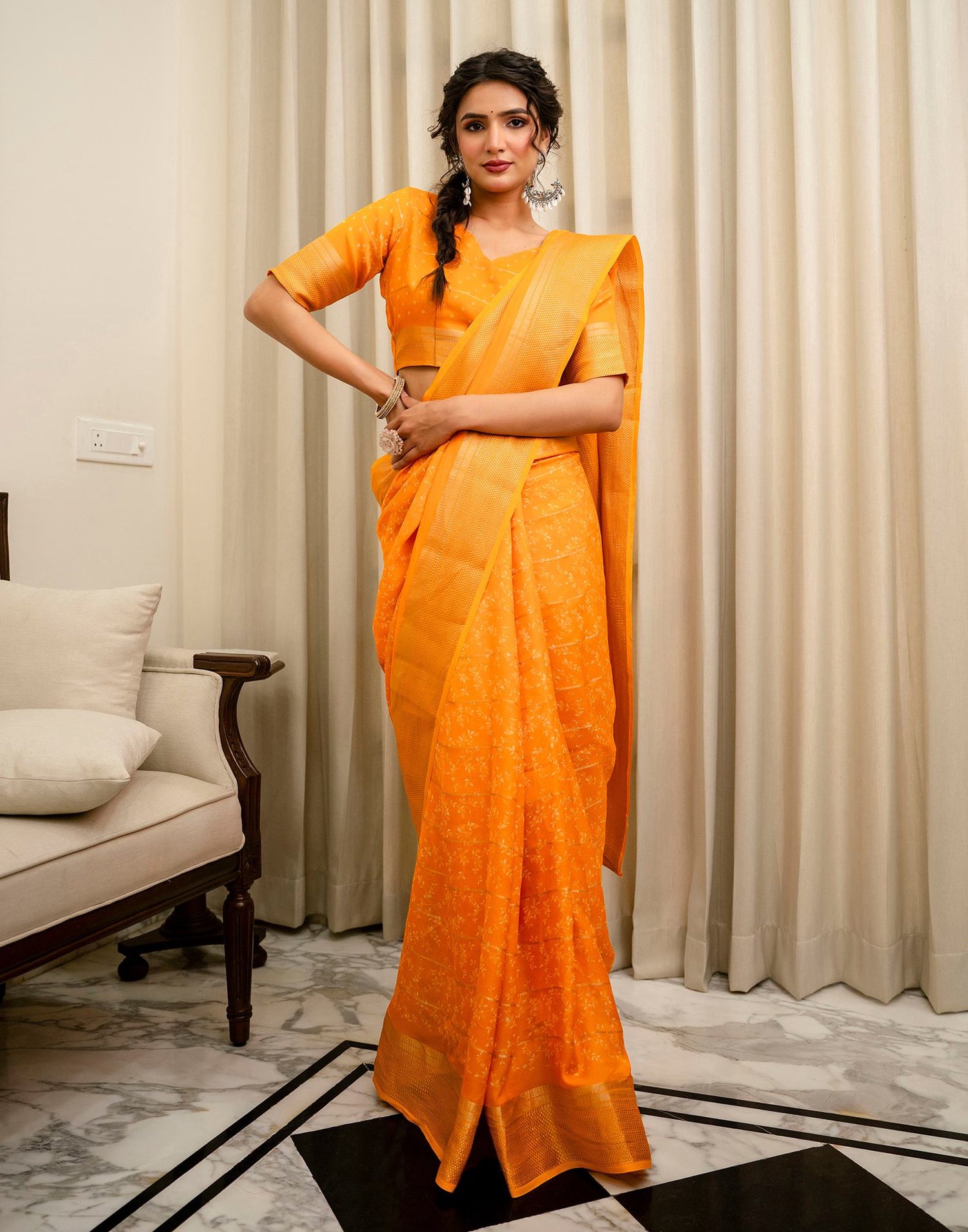 Orange Georgette Printed Zari Stripe Saree 