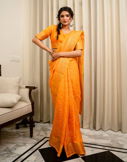 Orange Georgette Printed Zari Stripe Saree 