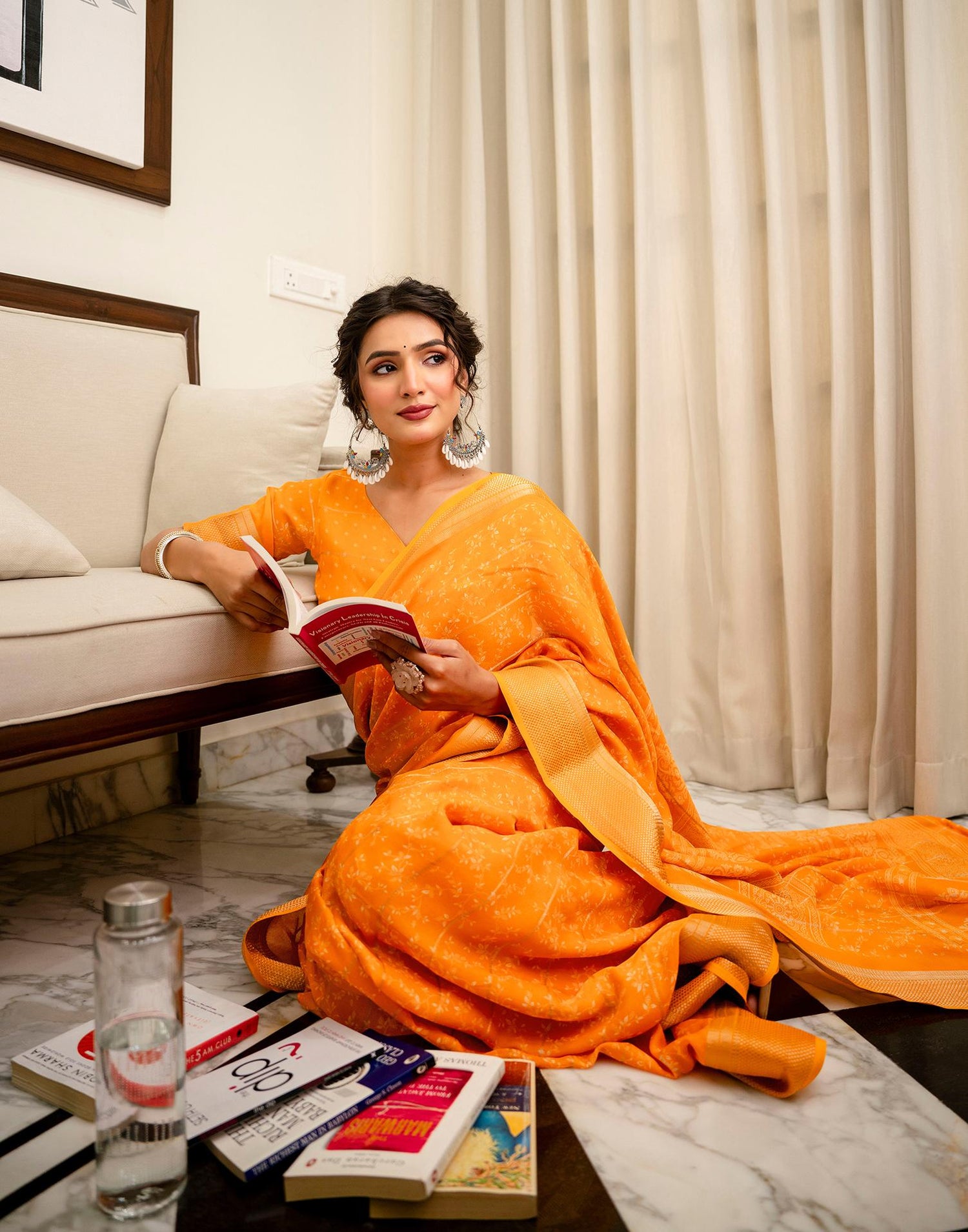 Orange Georgette Printed Zari Stripe Saree 