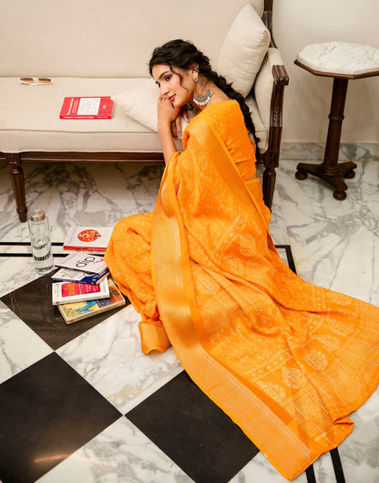 Orange Georgette Printed Zari Stripe Saree 