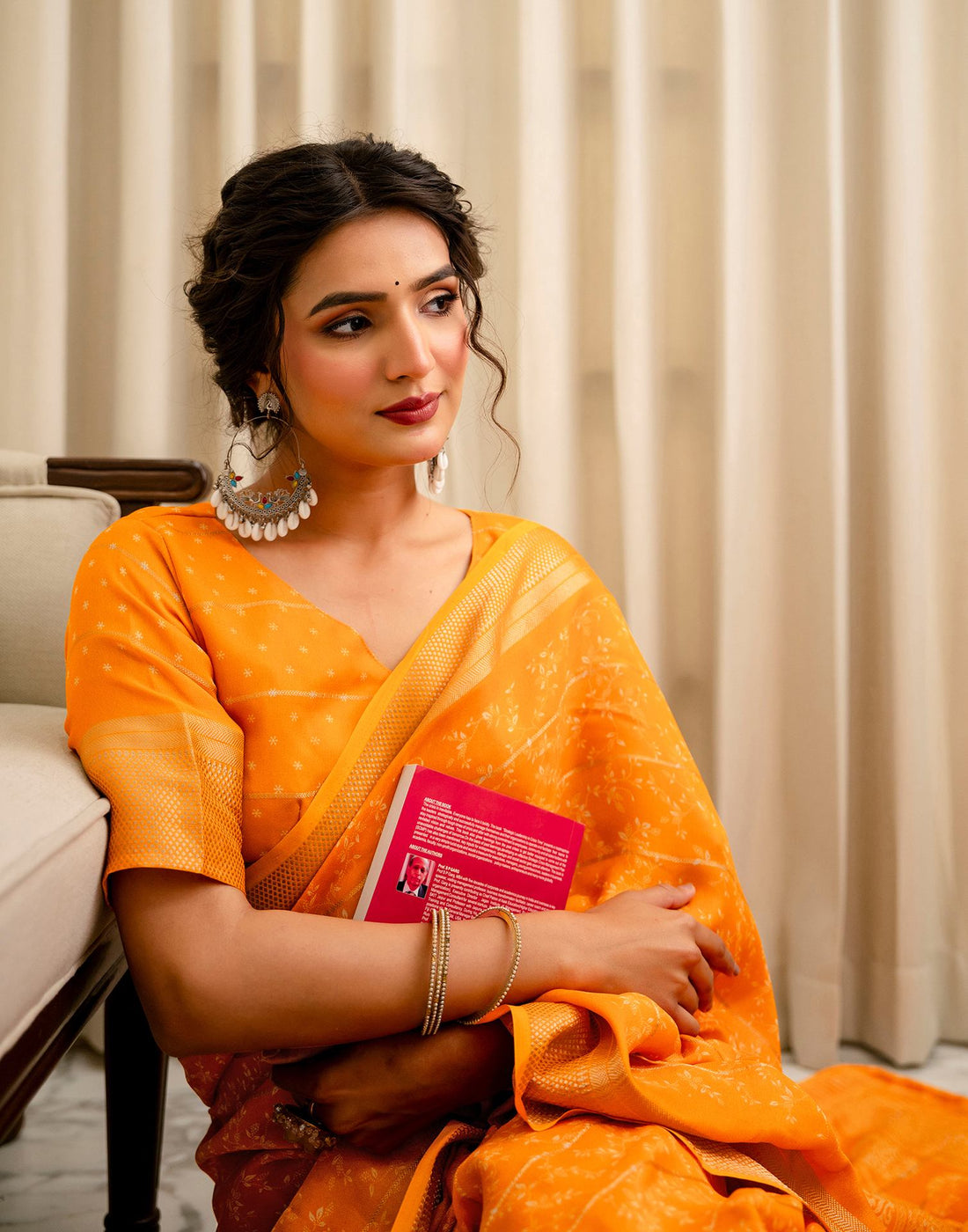 Orange Georgette Printed Zari Stripe Saree 