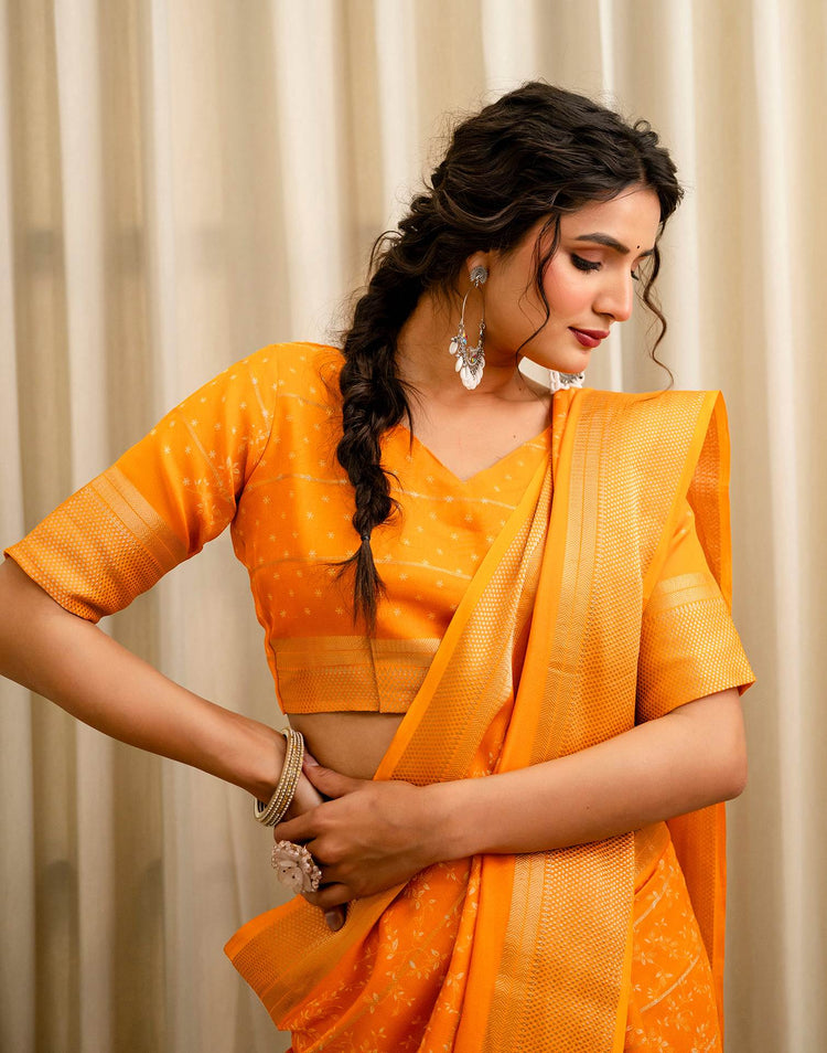 Orange Georgette Printed Zari Stripe Saree 