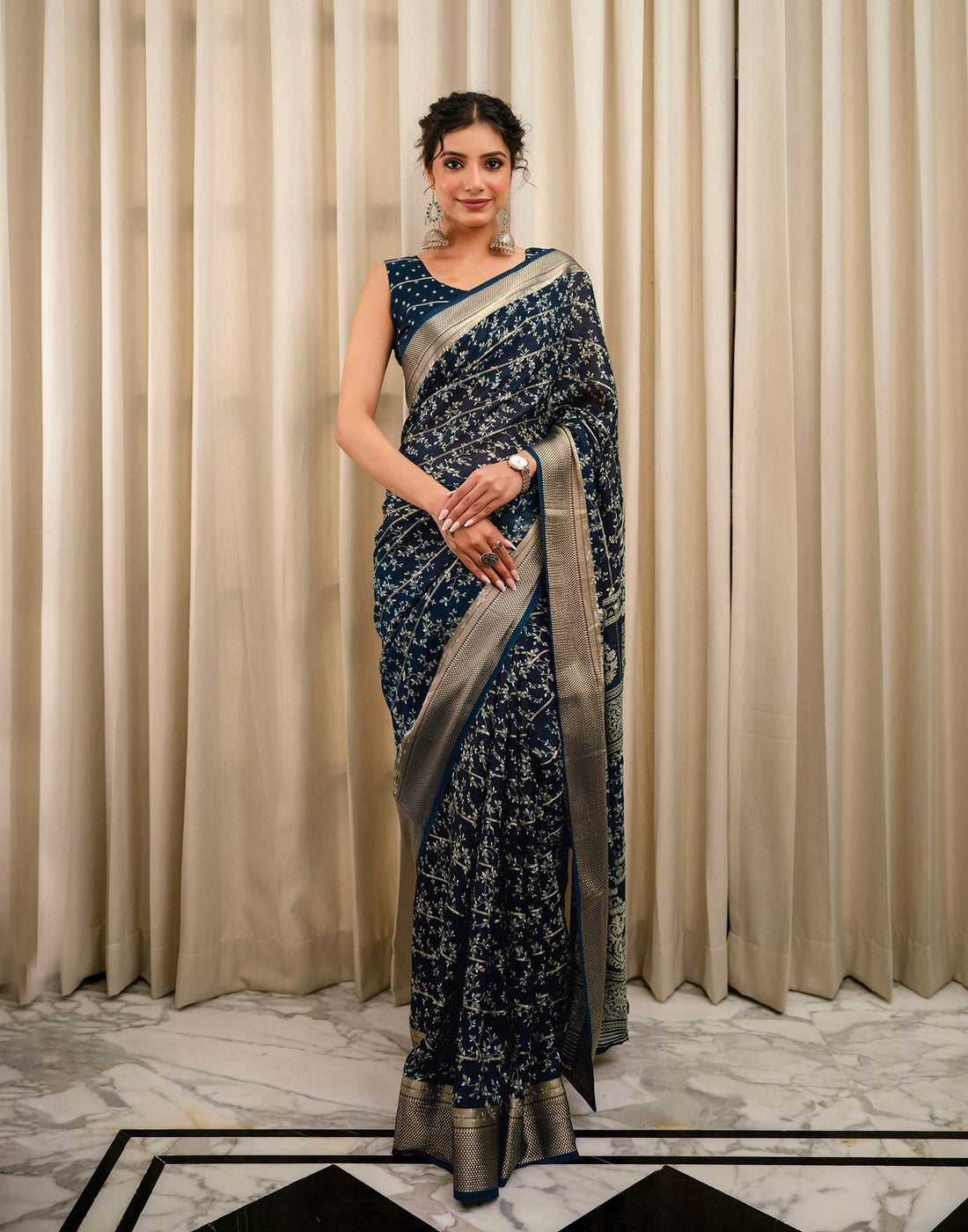 Blue Georgette Printed Zari Stripe Saree 