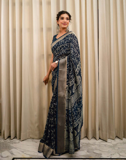 Blue Georgette Printed Zari Stripe Saree 