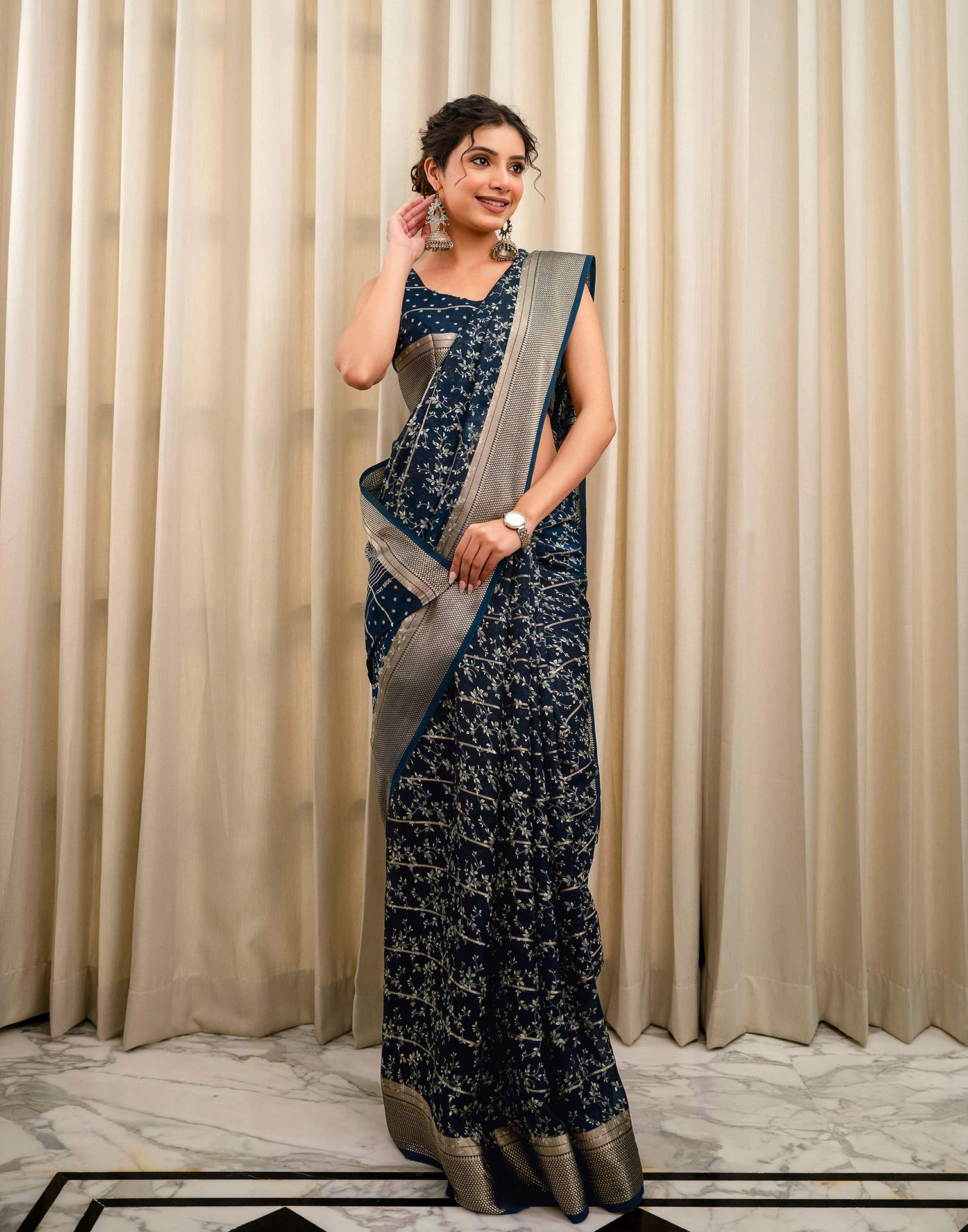 Blue Georgette Printed Zari Stripe Saree 