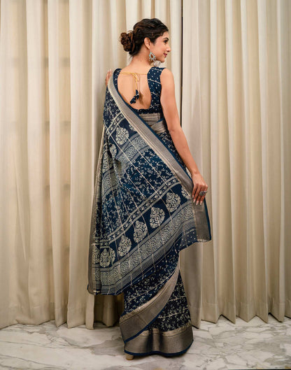 Blue Georgette Printed Zari Stripe Saree 