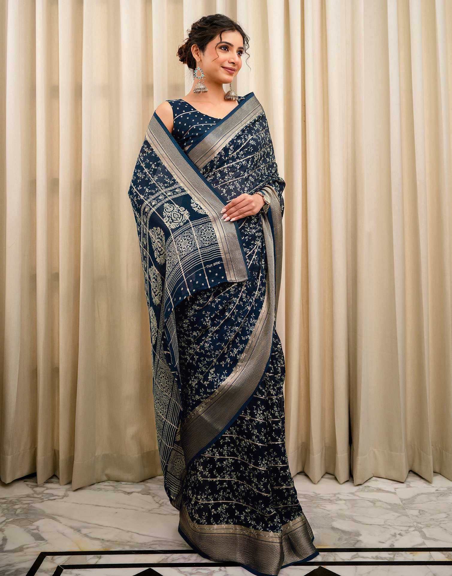 Blue Georgette Printed Zari Stripe Saree 