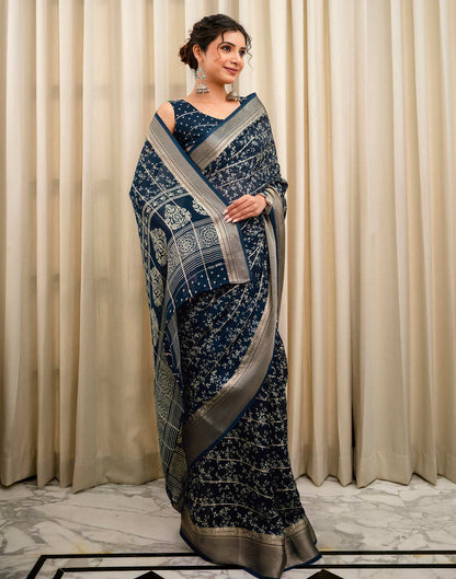 Blue Georgette Printed Zari Stripe Saree 