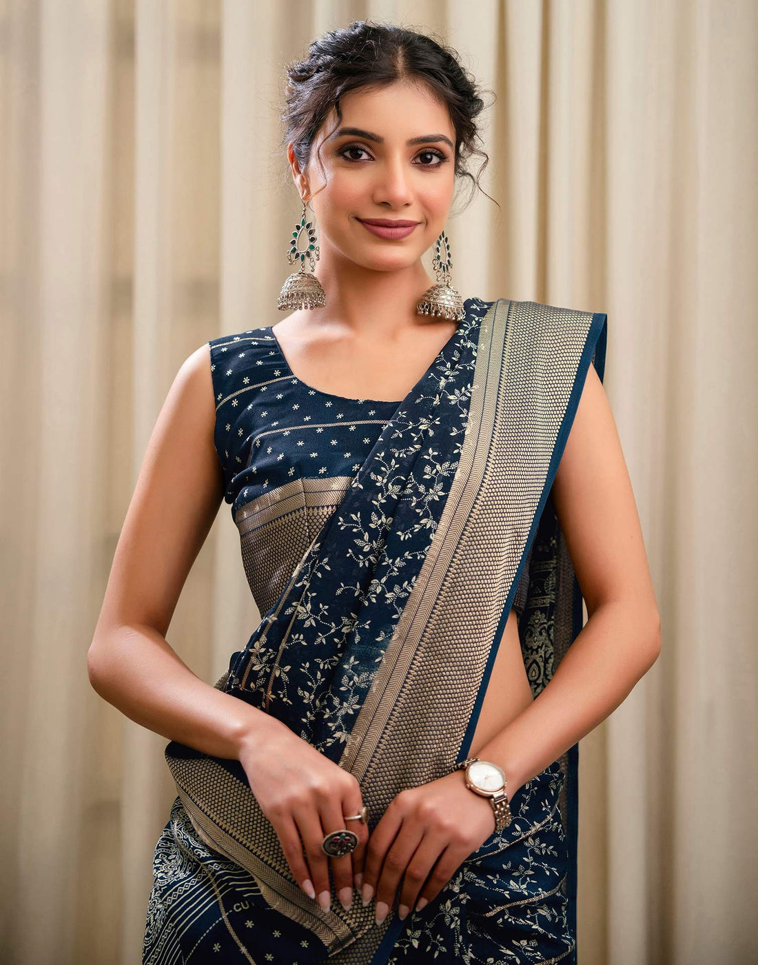 Blue Georgette Printed Zari Stripe Saree 