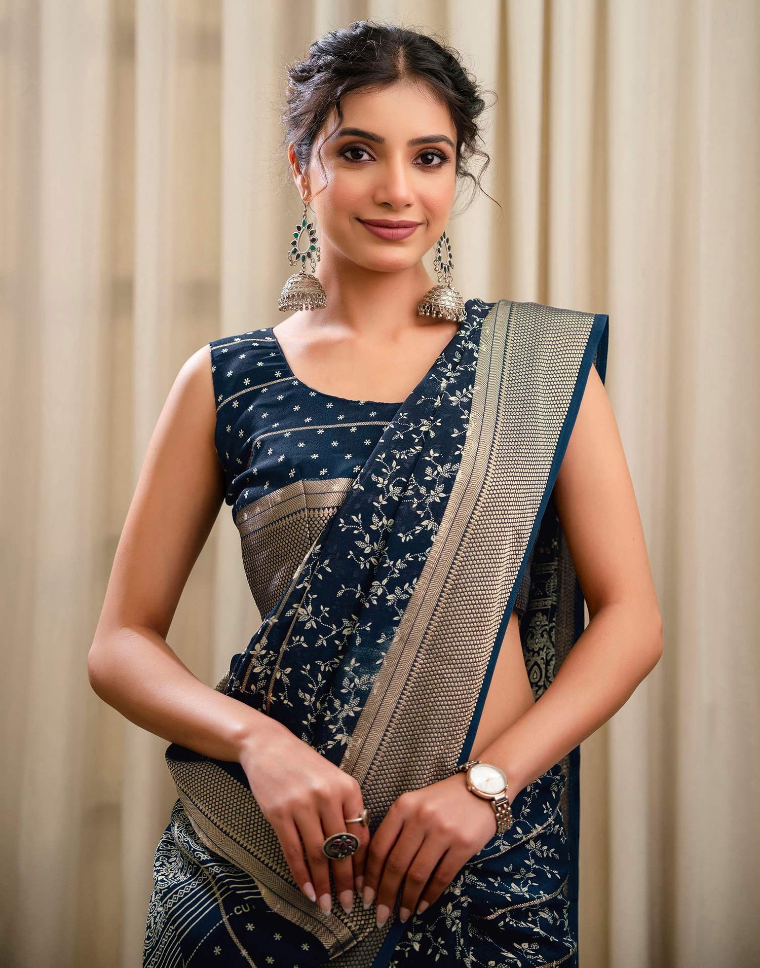 Blue Georgette Printed Zari Stripe Saree 