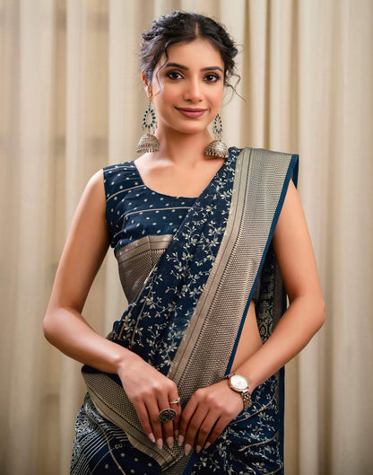 Blue Georgette Printed Zari Stripe Saree 