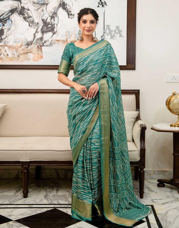 Teal Green Silk Printed Zari Stripe Saree