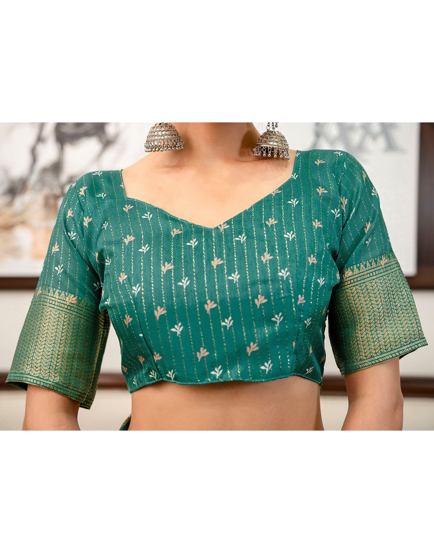 Teal Green Silk Printed Zari Stripe Saree