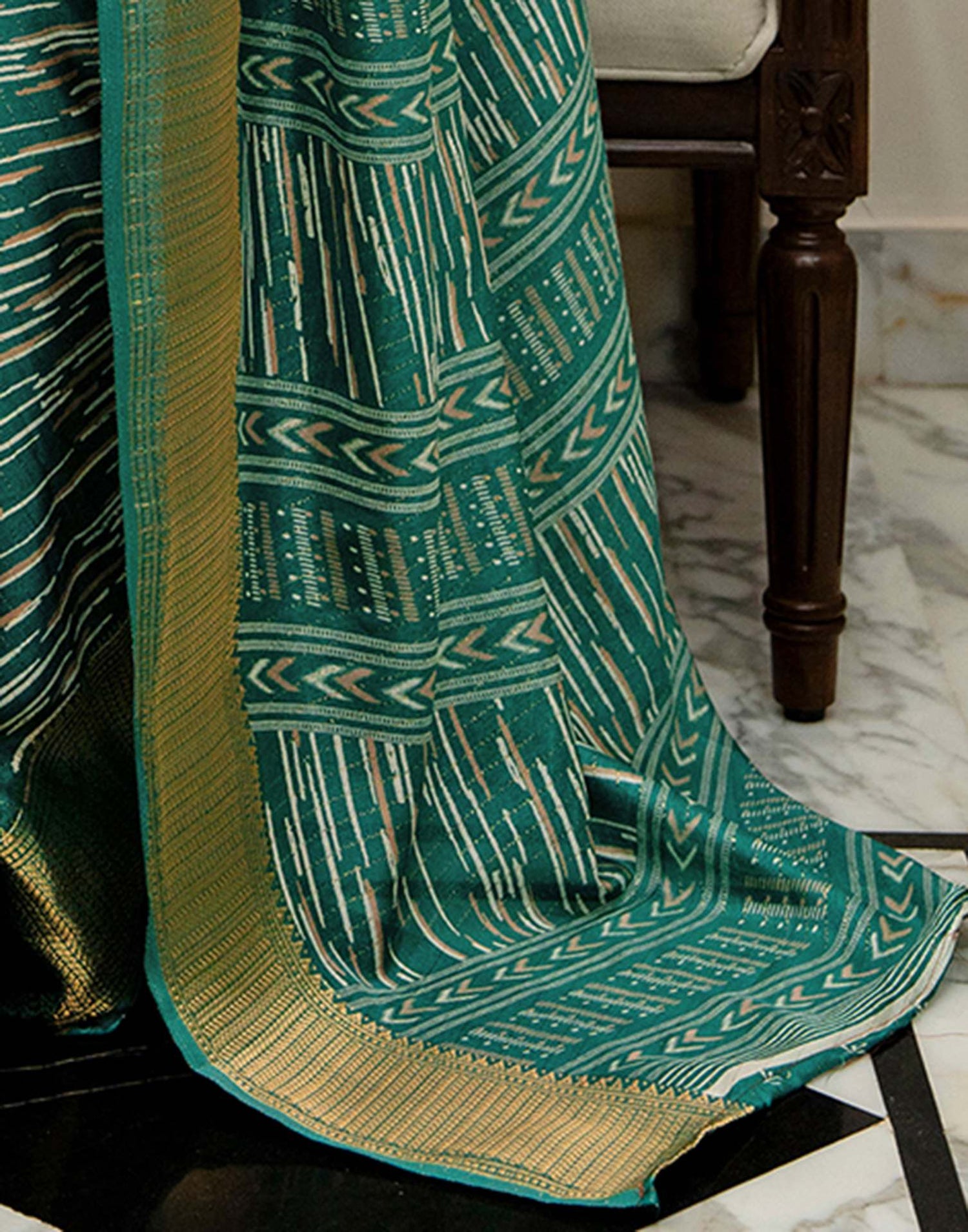 Teal Green Silk Printed Zari Stripe Saree