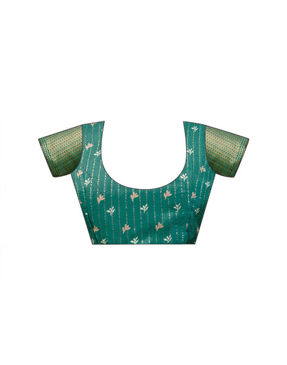 Teal Green Silk Printed Zari Stripe Saree