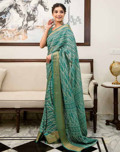 Teal Green Silk Printed Zari Stripe Saree