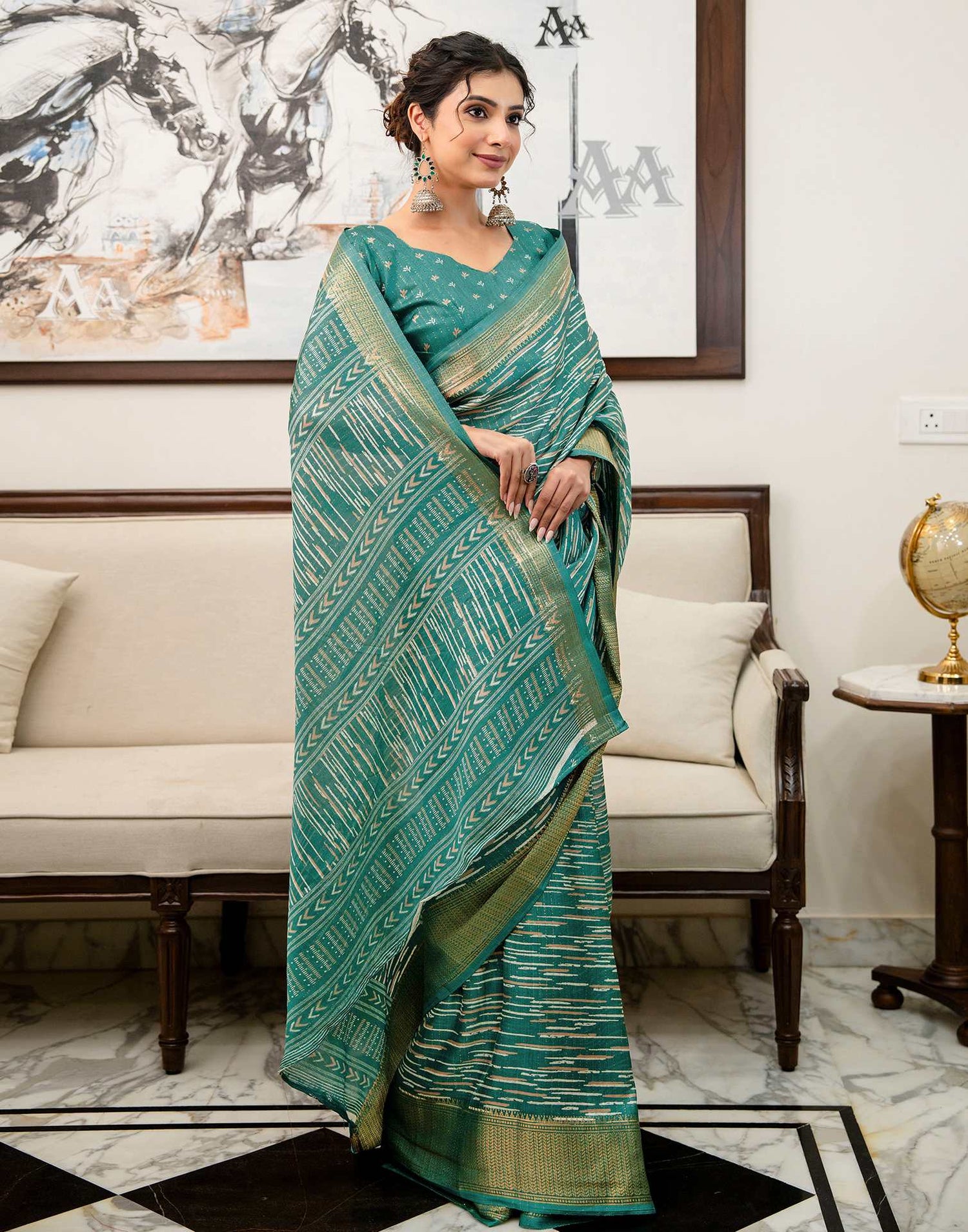 Teal Green Silk Printed Zari Stripe Saree