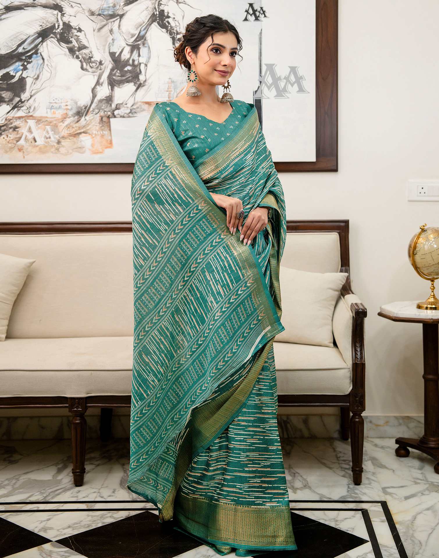 Teal Green Silk Printed Zari Stripe Saree