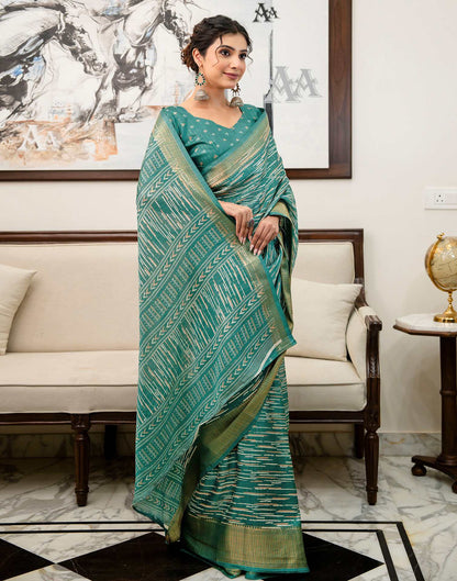 Teal Green Silk Printed Zari Stripe Saree