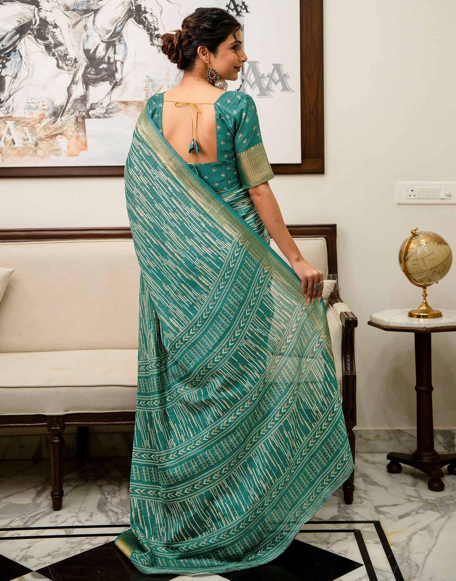 Teal Green Silk Printed Zari Stripe Saree