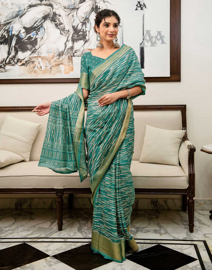Teal Green Silk Printed Zari Stripe Saree
