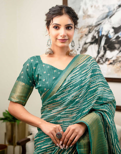 Teal Green Silk Printed Zari Stripe Saree