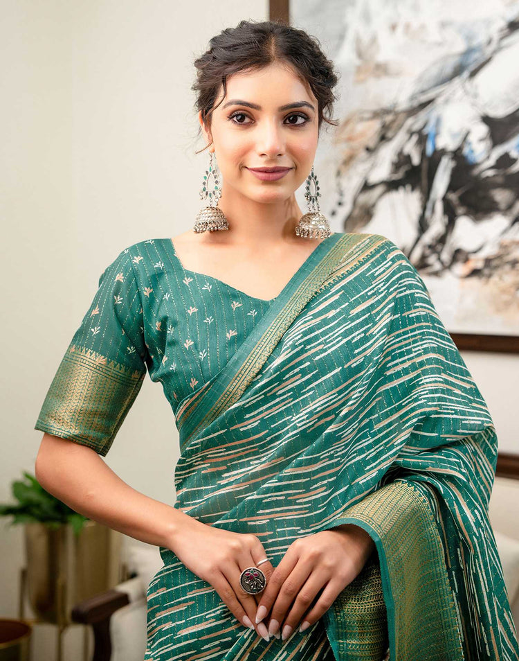 Teal Green Silk Printed Zari Stripe Saree