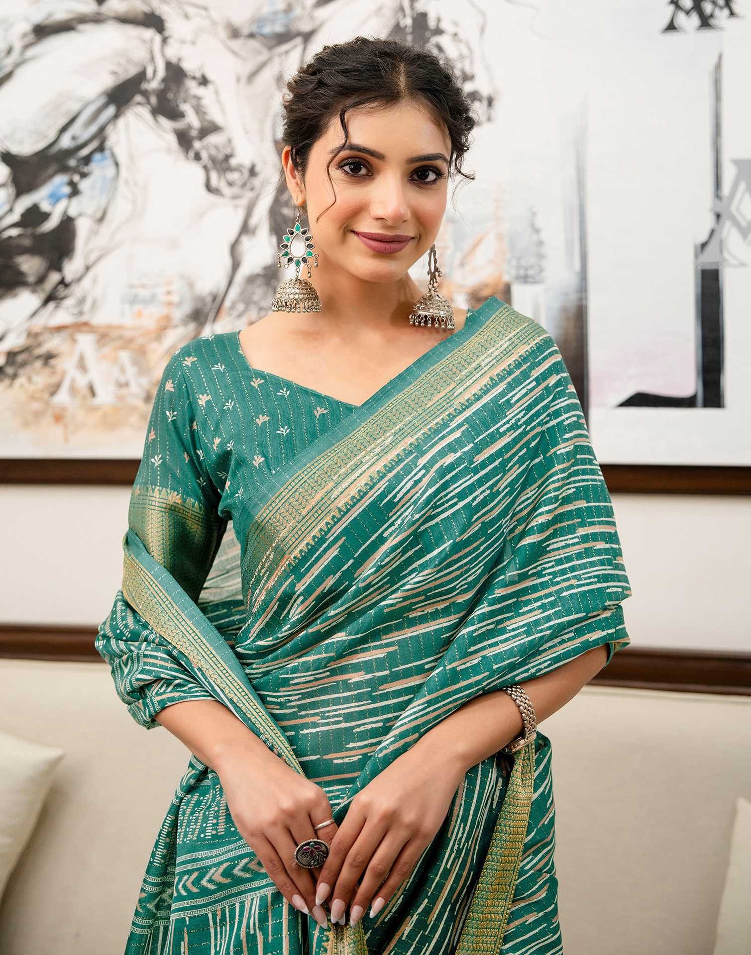 Teal Green Silk Printed Zari Stripe Saree