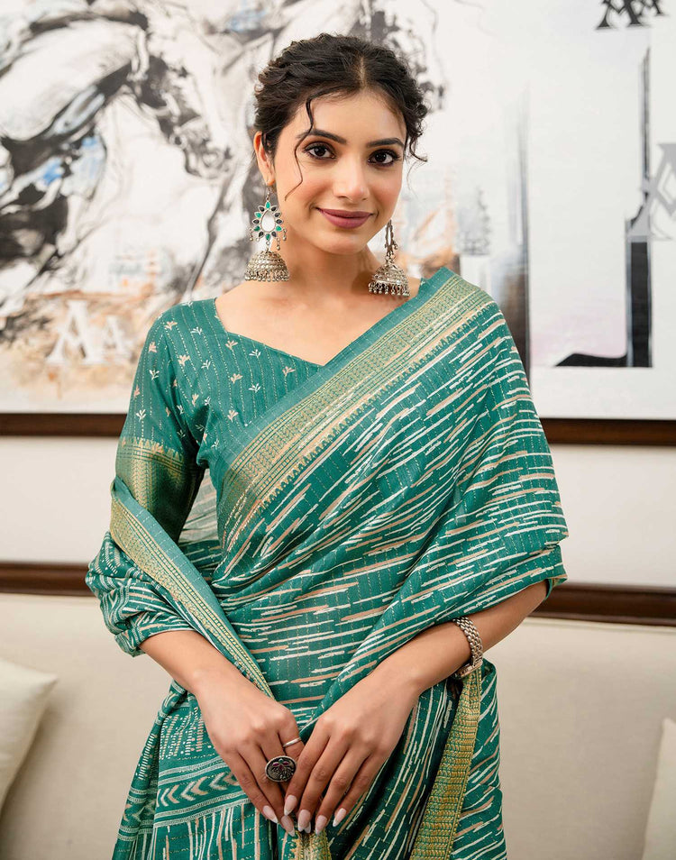 Teal Green Silk Printed Zari Stripe Saree