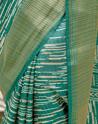 Teal Green Silk Printed Zari Stripe Saree