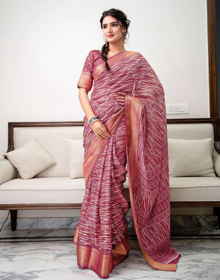 Dark Mauve Silk Printed Zari Stripe Saree