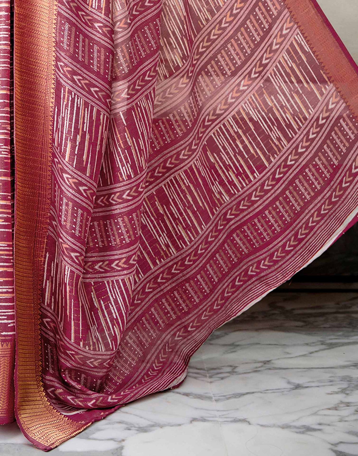 Dark Mauve Silk Printed Zari Stripe Saree