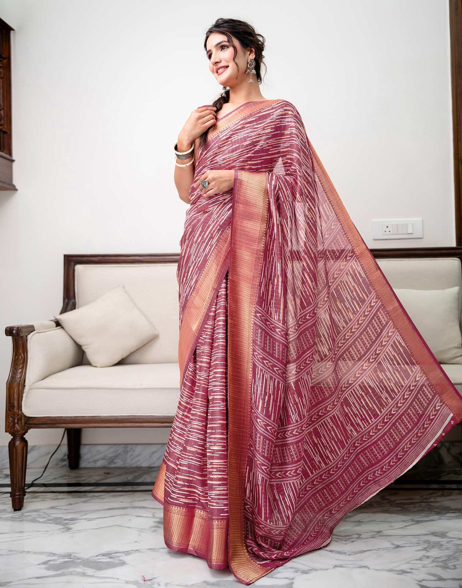 Dark Mauve Silk Printed Zari Stripe Saree