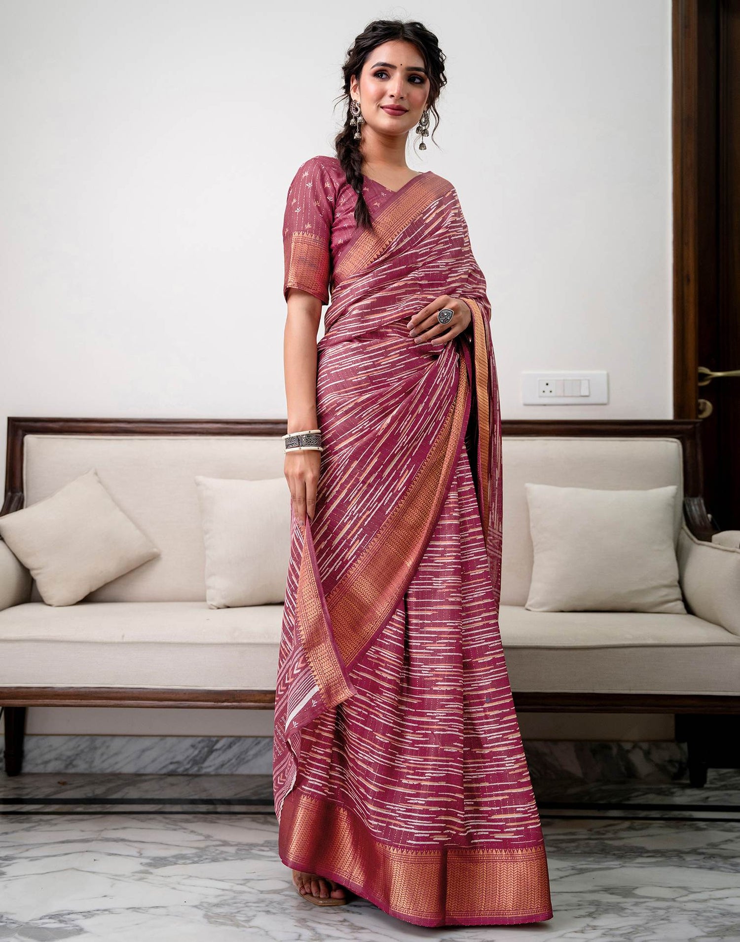 Dark Mauve Silk Printed Zari Stripe Saree