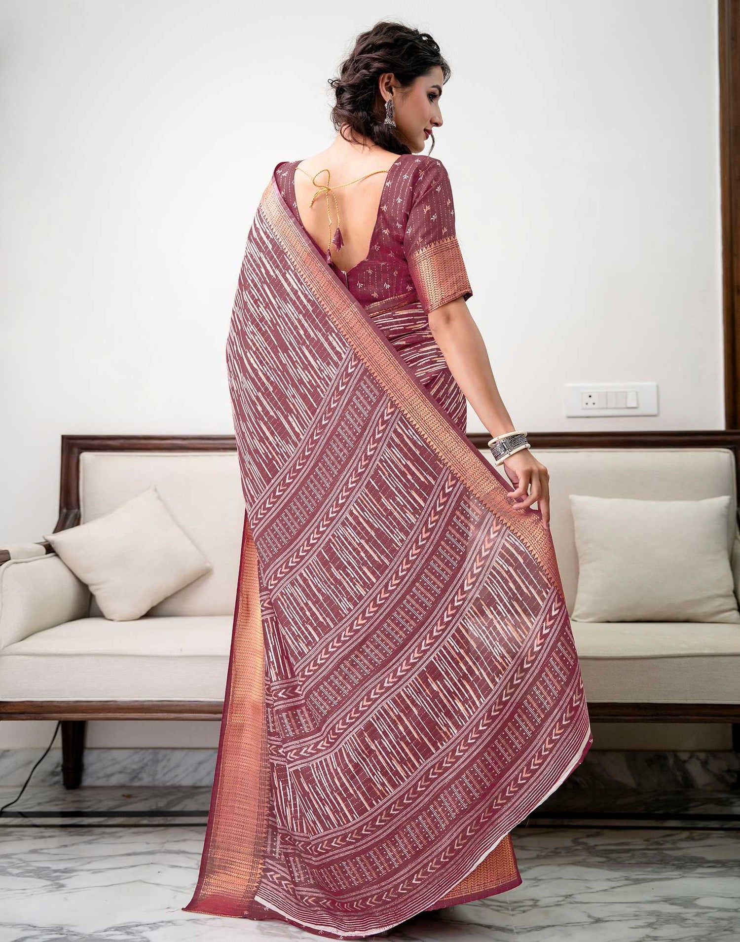 Dark Mauve Silk Printed Zari Stripe Saree