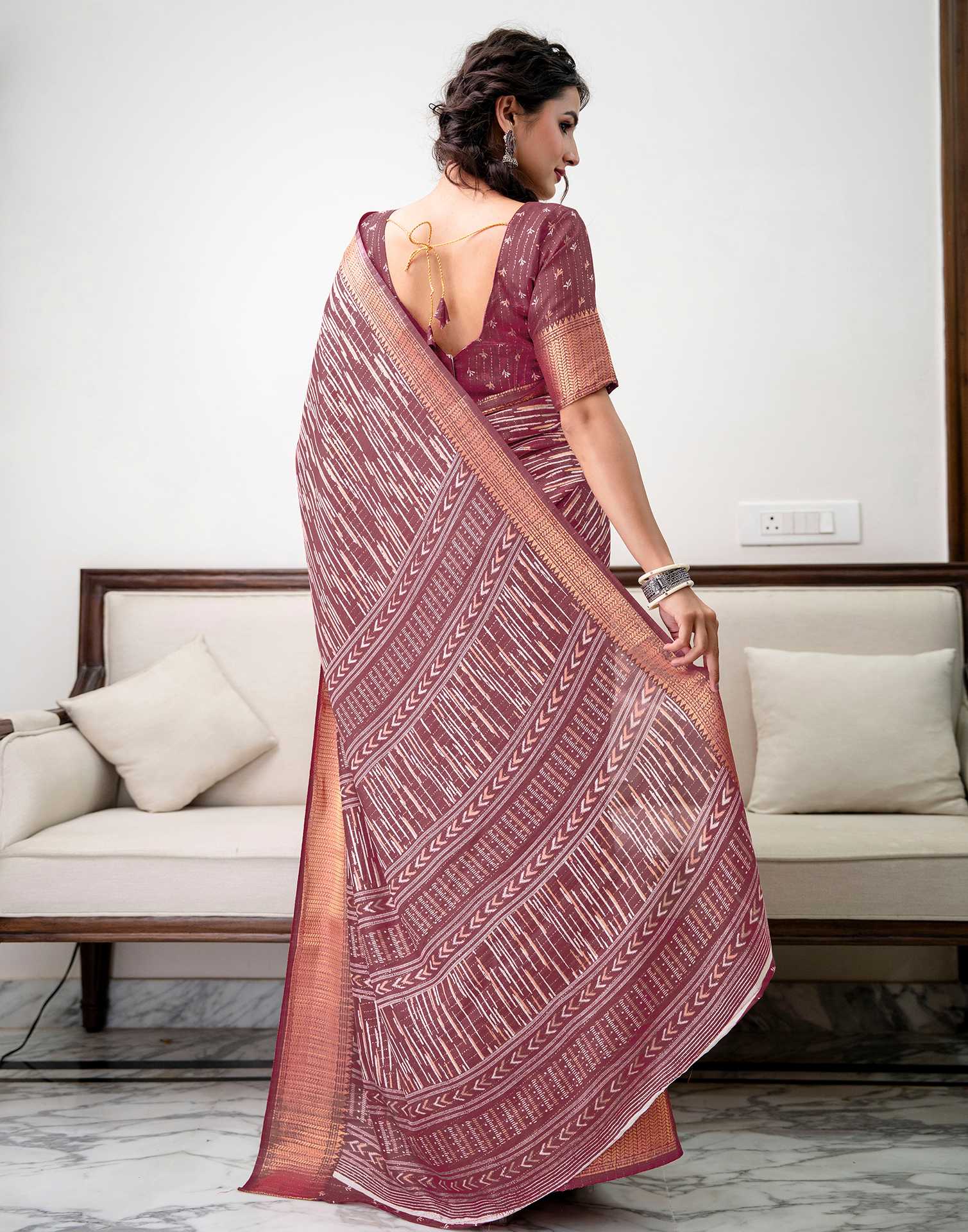 Dark Mauve Silk Printed Zari Stripe Saree