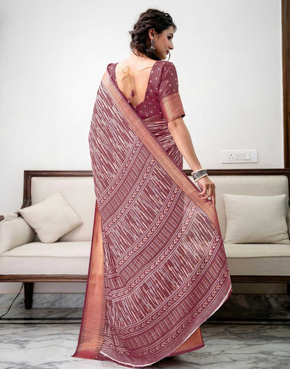 Dark Mauve Silk Printed Zari Stripe Saree