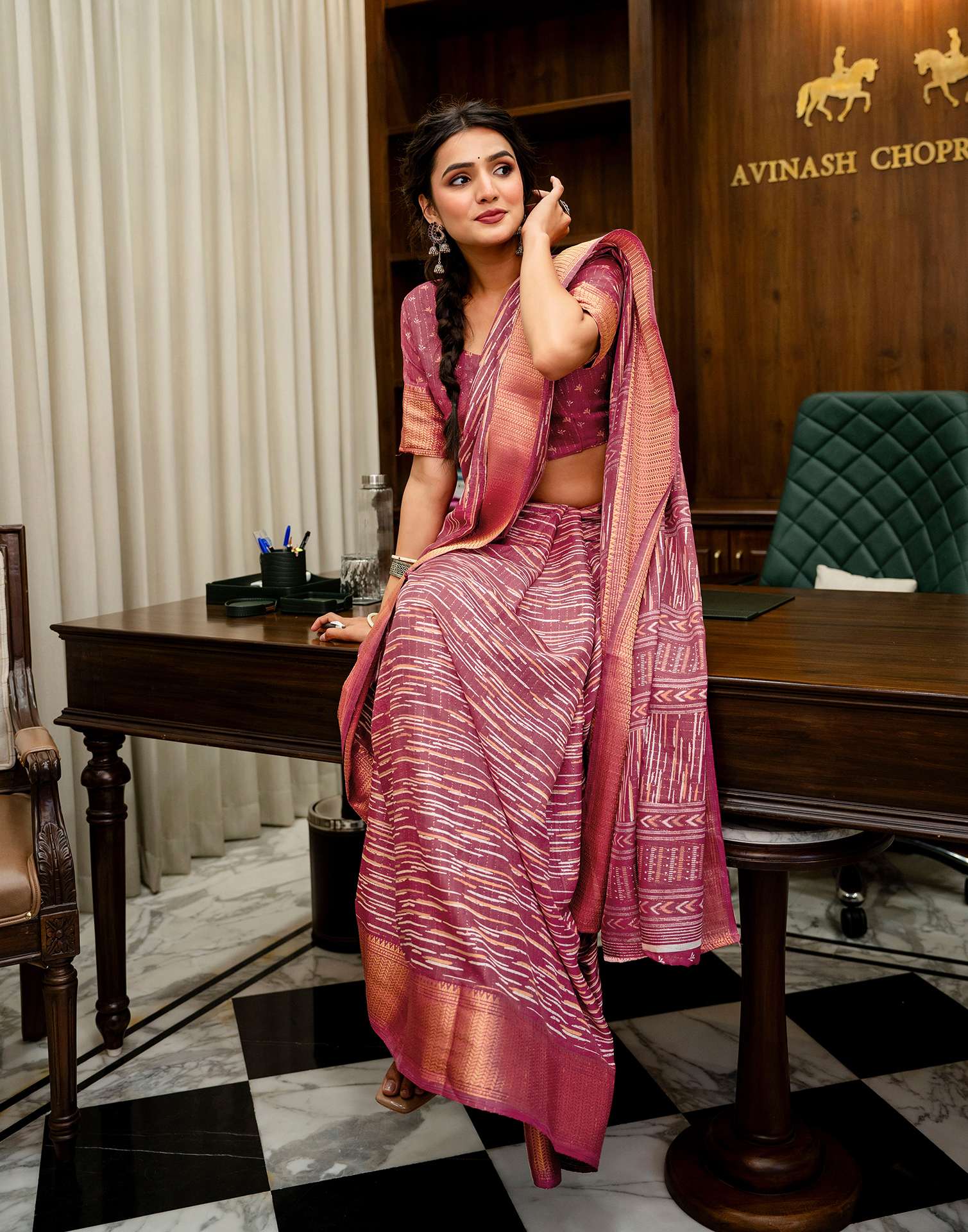 Dark Mauve Silk Printed Zari Stripe Saree