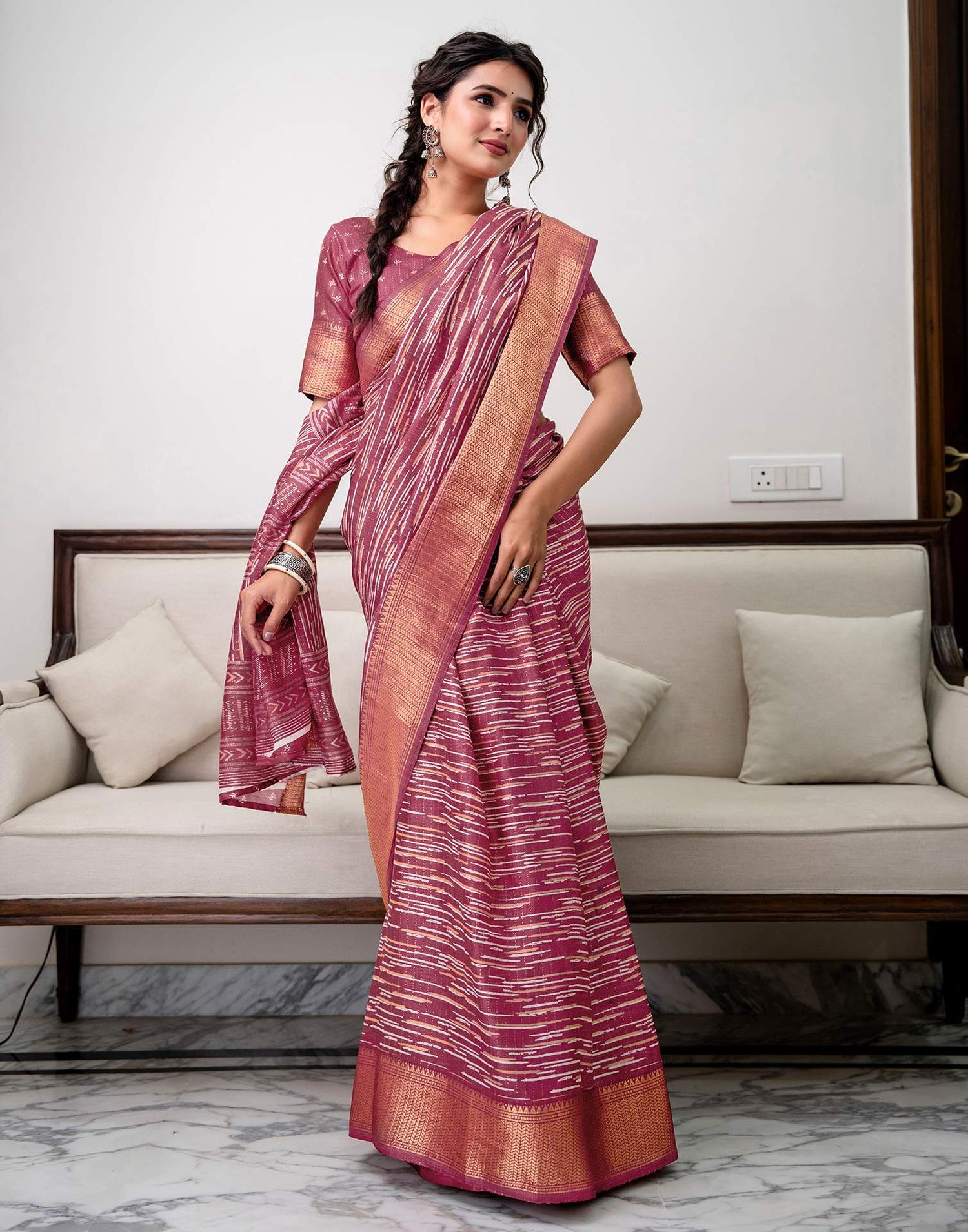 Dark Mauve Silk Printed Zari Stripe Saree