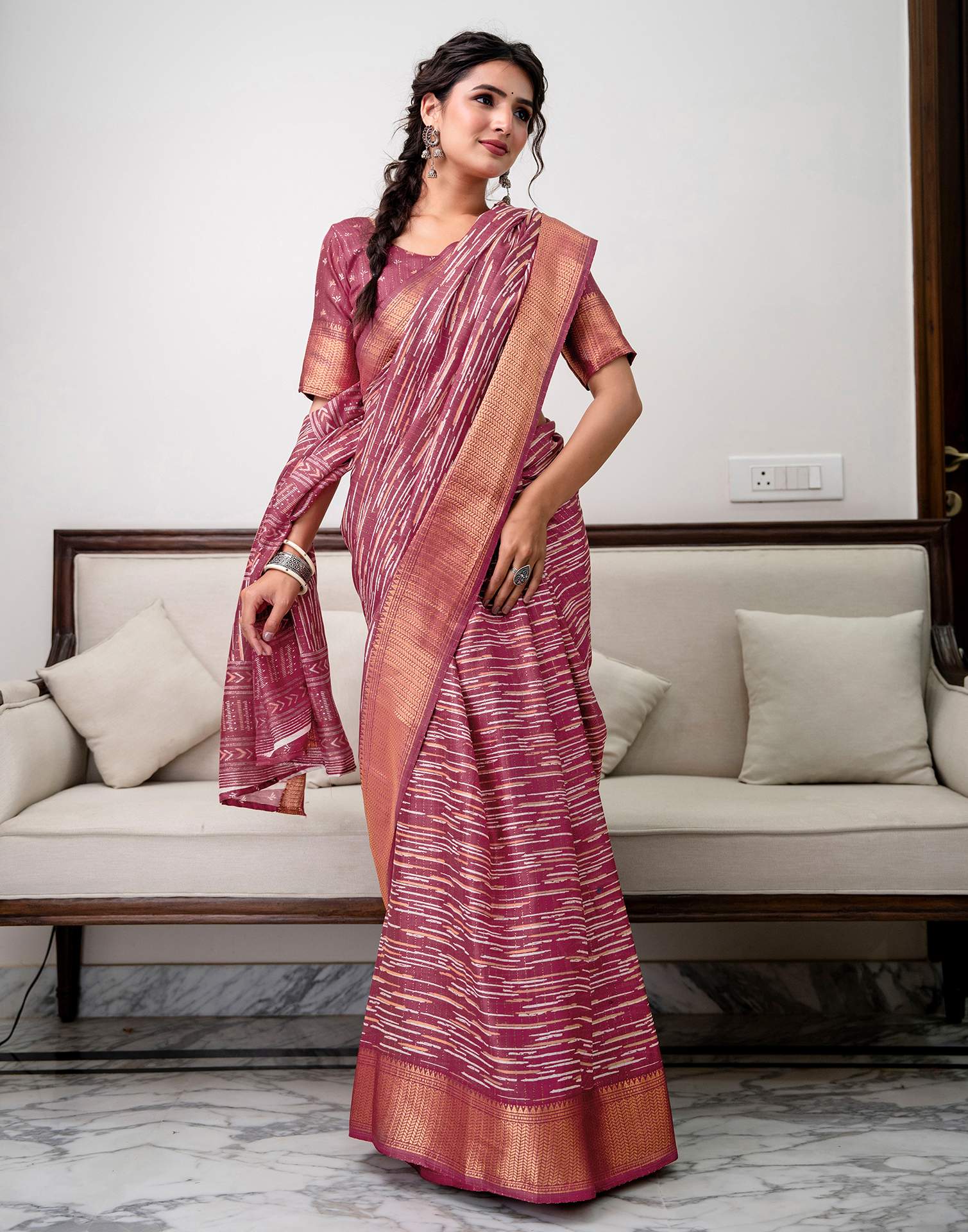 Dark Mauve Silk Printed Zari Stripe Saree