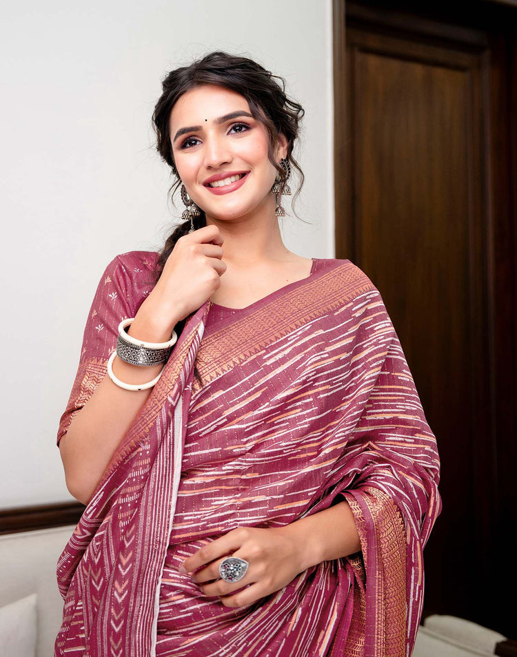 Dark Mauve Silk Printed Zari Stripe Saree