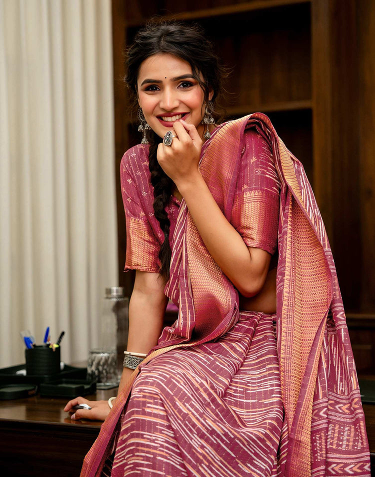 Dark Mauve Silk Printed Zari Stripe Saree