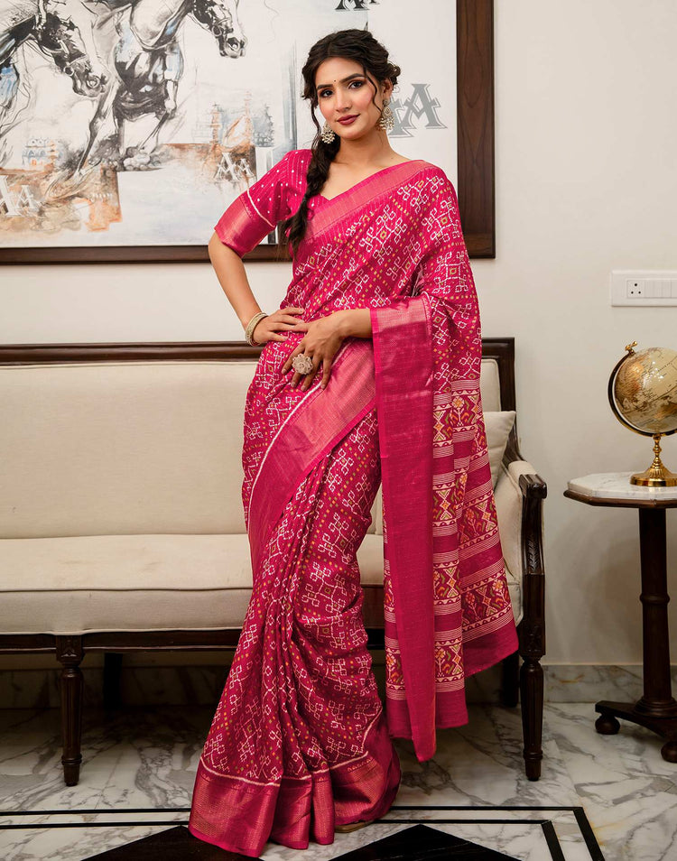 Pink Silk Printed Zari Stripe Saree 