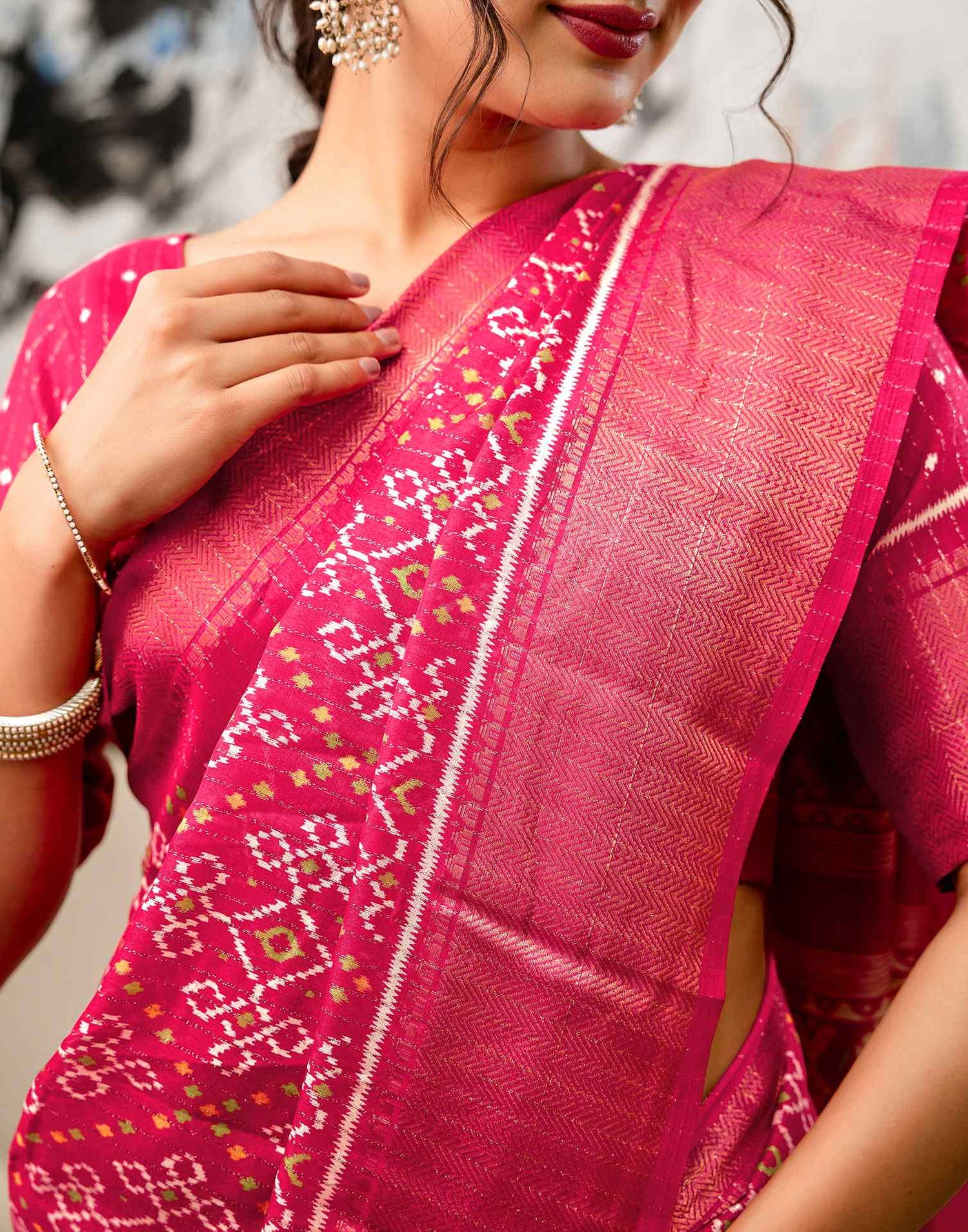 Pink Silk Printed Zari Stripe Saree 