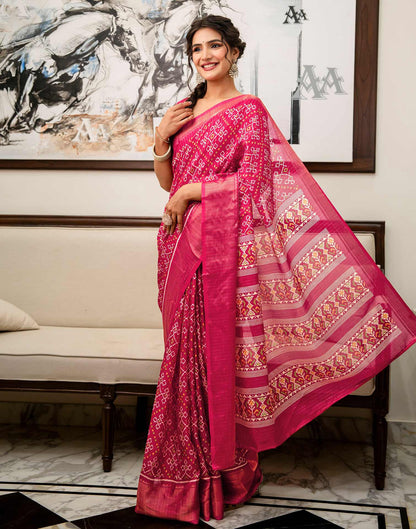 Pink Silk Printed Zari Stripe Saree 