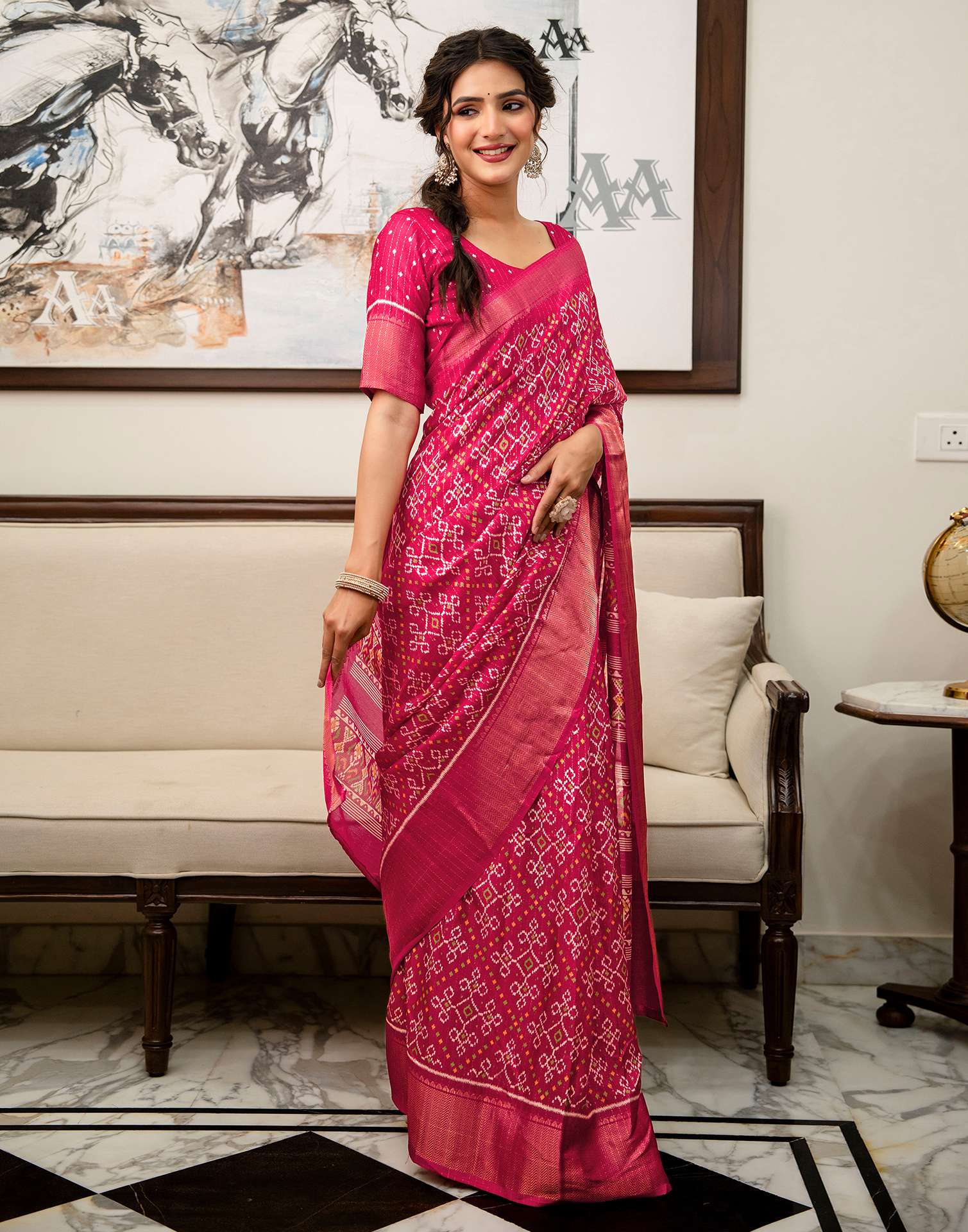 Pink Silk Printed Zari Stripe Saree 
