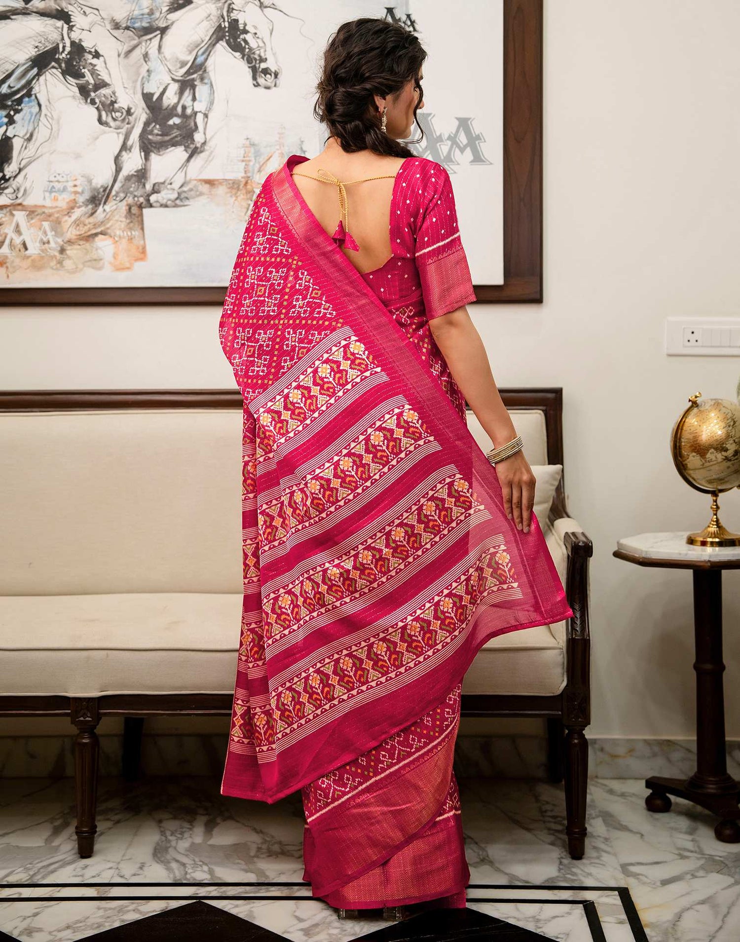 Pink Silk Printed Zari Stripe Saree 